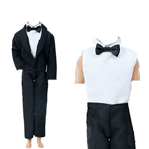 BJDBUS 2 Sets Formal Office Suits Including Black Coat , White Coat , White Shirt with Bow-Knot , Black Trousers Groom Wedding Tuxedo for 11.5 Inch Boy Doll Clothes