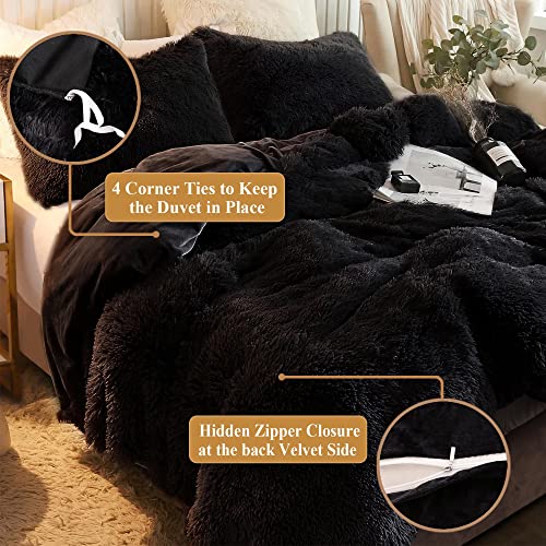 XeGe Plush Shaggy Duvet Cover, Luxury Ultra Soft Crystal Velvet Fuzzy Bedding 1PC(1 Faux Fur Duvet Cover), Fluffy Furry Comforter Cover with Zipper Closure(King, Black)