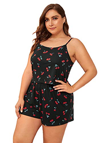 Floerns Women's Plus Size Cherry Print Cami Top and Shorts Pajama Sets A-Black 2XL