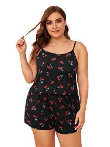 floerns women's plus size cherry print cami top and shorts pajama sets a-black 2xl