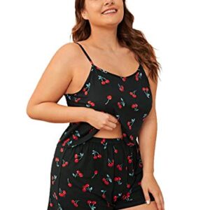 Floerns Women's Plus Size Cherry Print Cami Top and Shorts Pajama Sets A-Black 2XL