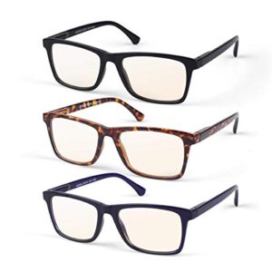 hindar panda 3 pairs reading glasses blue light blocking,spring hinge readers for men amber tint anti uv digital eyestrain (3 pack mix color, 1.5)