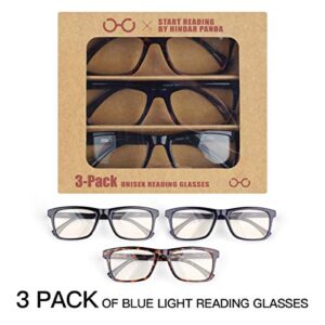 HINDAR PANDA 3 Pairs Reading Glasses Blue Light Blocking,Spring Hinge Readers for Men Amber Tint Anti UV Digital Eyestrain (3 Pack Mix Color, 1.5)