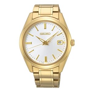 seiko sur312 watch for men - essentials collection - white dial, date calendar, lumibrite hands, gold-tone stainless steel case & bracelet, and 100m water resistant