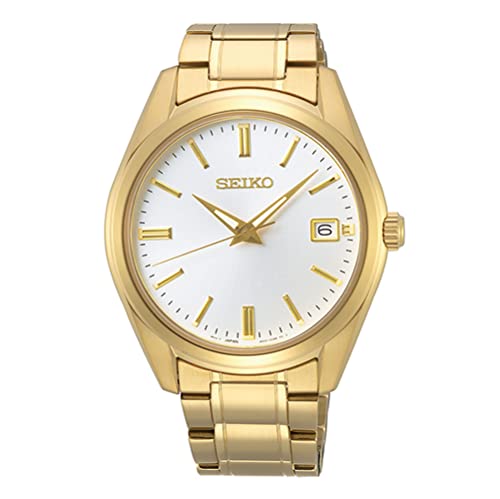 SEIKO SUR312 Watch for Men - Essentials Collection - White Dial, Date Calendar, LumiBrite Hands, Gold-Tone Stainless Steel Case & Bracelet, and 100m Water Resistant