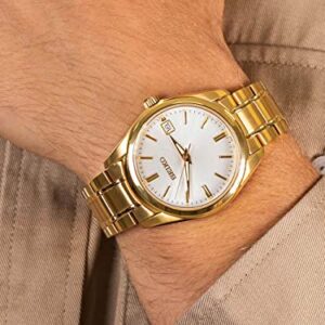 SEIKO SUR312 Watch for Men - Essentials Collection - White Dial, Date Calendar, LumiBrite Hands, Gold-Tone Stainless Steel Case & Bracelet, and 100m Water Resistant