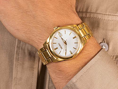 SEIKO SUR312 Watch for Men - Essentials Collection - White Dial, Date Calendar, LumiBrite Hands, Gold-Tone Stainless Steel Case & Bracelet, and 100m Water Resistant