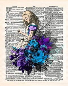 alice in wonderland wall art, 8x10 set of 5 un framed decor prints in blue tones. upcycled vintage style dictionary page. ideal for book lovers, english teachers, librarians and lewis carroll fans