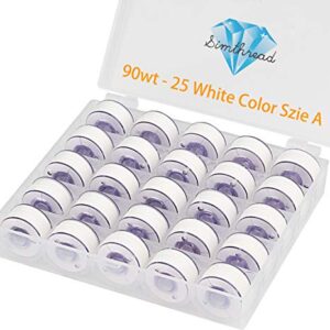 Simthread 25pcs 90WT White Prewound Bobbin Thread Size A Class 15 (SA156) with Clear Storage Plastic Case Box 60S/2 for Brother Embroidery Thread Sewing Thread Machine DIY