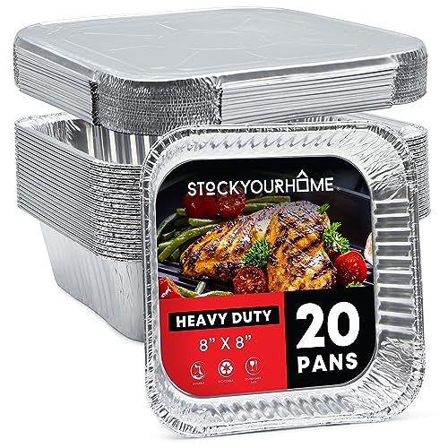 8x8 Foil Pans with Lids (20 Pack) 8 Inch Square Aluminum Pans with Covers - Foil Pans and Foil Lids - Disposable Food Containers Great for Baking Cake, Cooking, Heating, Storing, Prepping Food