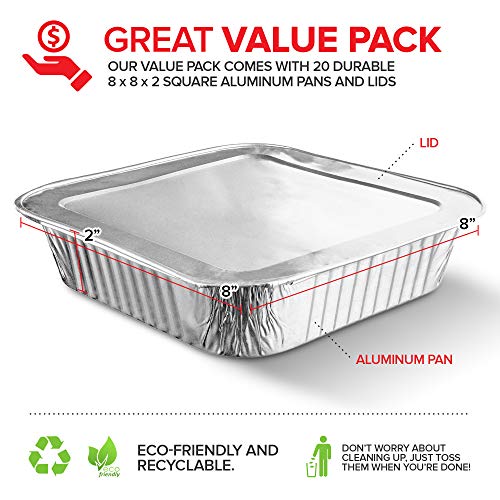 8x8 Foil Pans with Lids (20 Pack) 8 Inch Square Aluminum Pans with Covers - Foil Pans and Foil Lids - Disposable Food Containers Great for Baking Cake, Cooking, Heating, Storing, Prepping Food