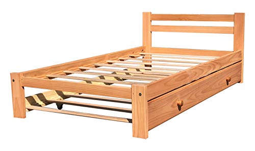 Amazonas Honey Pine Finish Twin Bed & Trundle Solid Pine Wooden Trundle Bed Hardwood Slats Support Suitable for Boys Girls Kids Bedroom Wooden Bed Frame