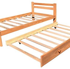 Amazonas Honey Pine Finish Twin Bed & Trundle Solid Pine Wooden Trundle Bed Hardwood Slats Support Suitable for Boys Girls Kids Bedroom Wooden Bed Frame