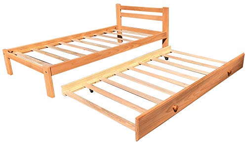 Amazonas Honey Pine Finish Twin Bed & Trundle Solid Pine Wooden Trundle Bed Hardwood Slats Support Suitable for Boys Girls Kids Bedroom Wooden Bed Frame