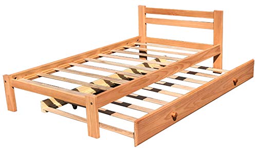 Amazonas Honey Pine Finish Twin Bed & Trundle Solid Pine Wooden Trundle Bed Hardwood Slats Support Suitable for Boys Girls Kids Bedroom Wooden Bed Frame