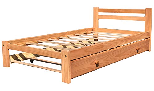 Amazonas Honey Pine Finish Twin Bed & Trundle Solid Pine Wooden Trundle Bed Hardwood Slats Support Suitable for Boys Girls Kids Bedroom Wooden Bed Frame