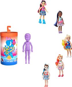 barbie color reveal chelsea doll with 6 surprises: water reveals doll’s look & creates color change on hair; 4 mystery bags contain a surprise detachable ponytail, skirt, shoes & accessory