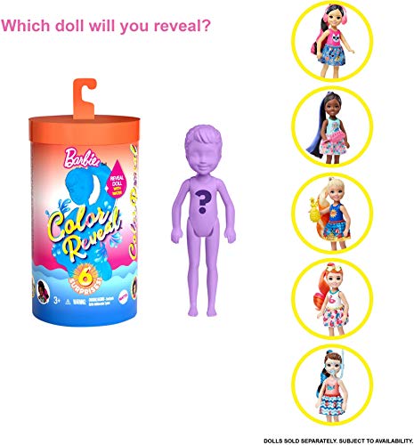 Barbie Color Reveal Chelsea Doll with 6 Surprises: Water Reveals Doll’s Look & Creates Color Change on Hair; 4 Mystery Bags Contain a Surprise Detachable Ponytail, Skirt, Shoes & Accessory