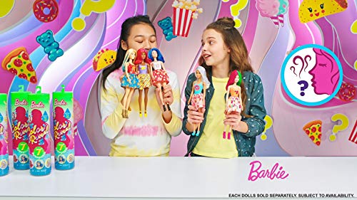 Barbie Color Reveal Doll with 7 Surprises: Water Reveals Doll’s Look & Creates Color Change on Face & Sculpted Hair; 4 Mystery Bags Contain Surprise Scented Wig, Skirt, Shoes & Sponge; Food-Themed