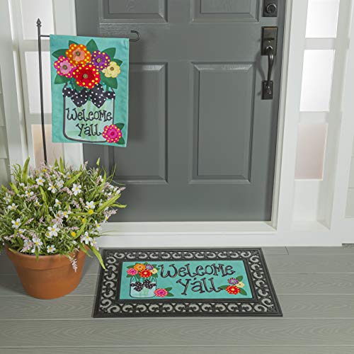 Evergreen Indoor Outdoor Welcome Y'all Bundle Set of 4 - Garden Flag Stand and Flag, Sassafras Doormat Frame and Sassafras Insert