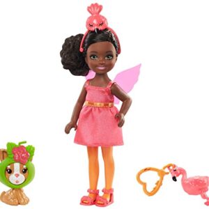 Barbie Club Chelsea Dress-Up Doll, 6-in Brunette in Flamingo Costume, with Pet Kitten and Accessories, Gift for 3 to 7 Year Olds