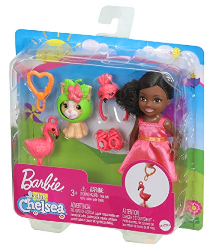 Barbie Club Chelsea Dress-Up Doll, 6-in Brunette in Flamingo Costume, with Pet Kitten and Accessories, Gift for 3 to 7 Year Olds