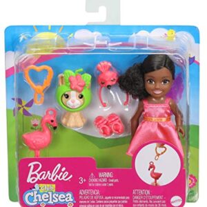 Barbie Club Chelsea Dress-Up Doll, 6-in Brunette in Flamingo Costume, with Pet Kitten and Accessories, Gift for 3 to 7 Year Olds