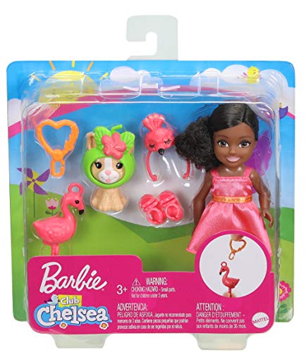 Barbie Club Chelsea Dress-Up Doll, 6-in Brunette in Flamingo Costume, with Pet Kitten and Accessories, Gift for 3 to 7 Year Olds