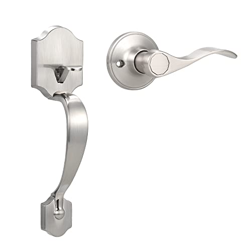 home improvement direct Single Cylinder HandleSet Door Handle for Entrance Front Door Handle for Right Handed Doors, Camelot Trim Lower Half Handle Set in Satin Nickel Finish