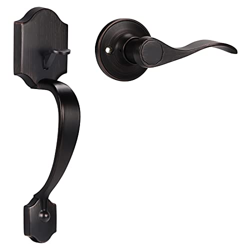 home improvement direct Single Cylinder HandleSet Door Handle for Entrance, Front Door Handle for Right Handed Doors, Camelot Trim Lower Half Handle Set in Oil Rubbed Bronze Finish