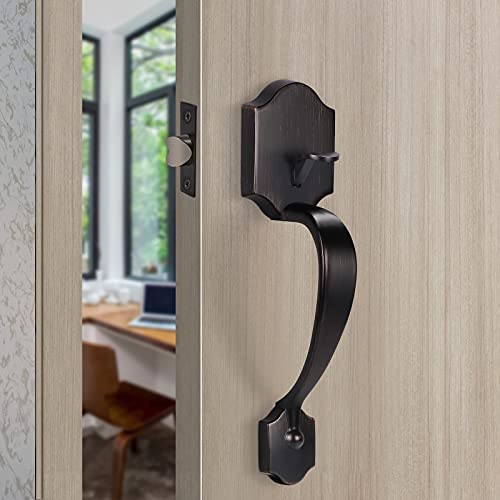 home improvement direct Single Cylinder HandleSet Door Handle for Entrance, Front Door Handle for Right Handed Doors, Camelot Trim Lower Half Handle Set in Oil Rubbed Bronze Finish