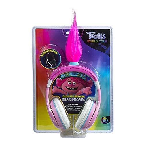 eKids Trolls World Tour Poppy Kids Headphones, Glow in The Dark, Stereo Sound, 3.5mm Jack, Wired Headphones for Kids, Tangle-Free, Volume Control, Childrens Headphones Over Ear for Travel (140)