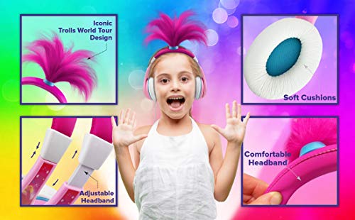eKids Trolls World Tour Poppy Kids Headphones, Glow in The Dark, Stereo Sound, 3.5mm Jack, Wired Headphones for Kids, Tangle-Free, Volume Control, Childrens Headphones Over Ear for Travel (140)