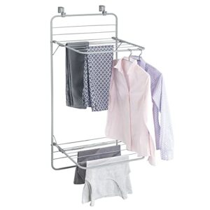 mdesign steel collapsible over the door, hanging laundry dry rack clothes organizer, 2 tiers - for indoor air-drying clothing, towels, lingerie, hosiery, delicates - folds compact - silver/gray