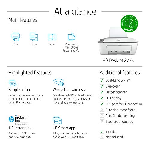 HP DeskJet 2755 Wireless All-in-One Printer, Mobile Print, Scan & Copy, HP Instant Ink Ready, Works with Alexa (3XV17A)