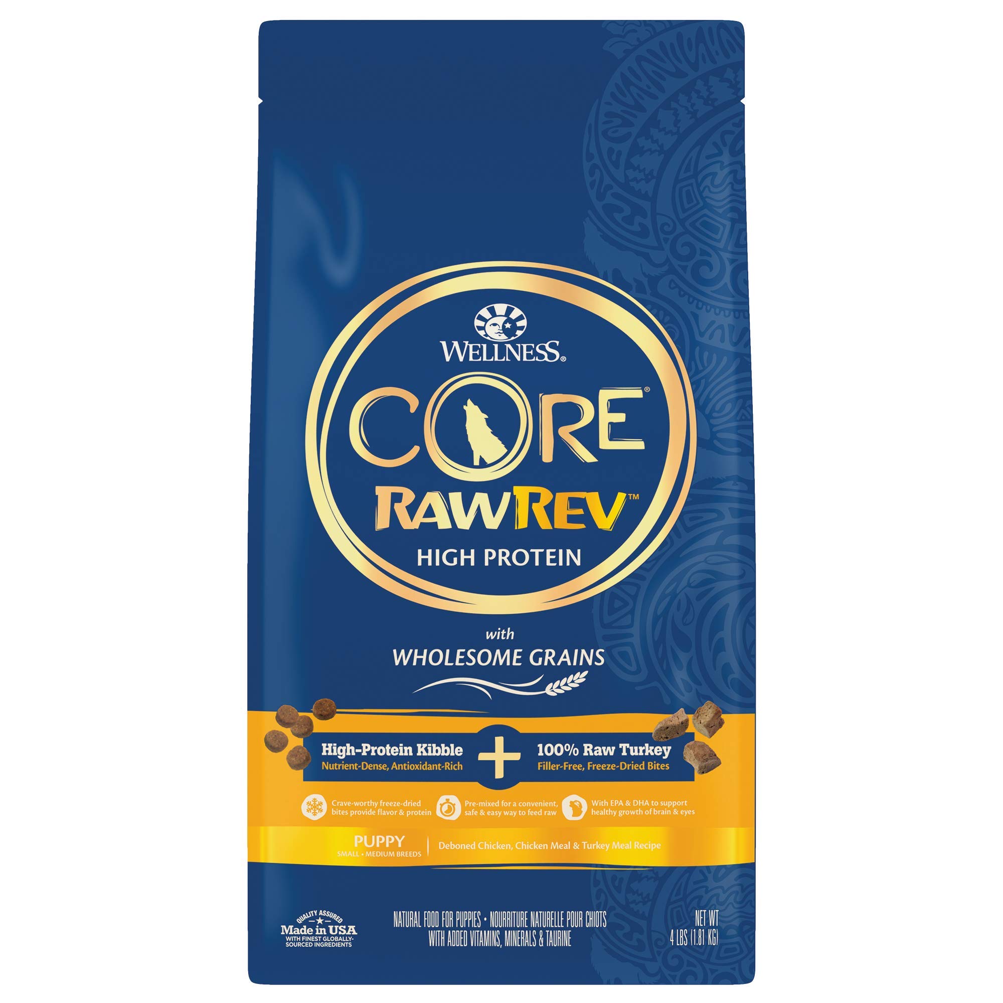 Wellness CORE RawRev Dry Puppy Food with Wholesome Grains, Natural Ingredients, Made in USA with Real Freeze-Dried Meat (Puppy, Turkey, 4 Lbs)