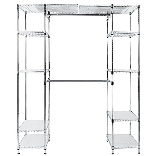 Freestanding Closet with Hanging Rod,Heavy Duty Metal Hanging Storage Organizer Rack,Wire Shelving Garment Rack Clothes Rack,Wardrobe with Shelves (57.9"~85" x 13.8" x 71.7")