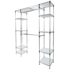 Freestanding Closet with Hanging Rod,Heavy Duty Metal Hanging Storage Organizer Rack,Wire Shelving Garment Rack Clothes Rack,Wardrobe with Shelves (57.9"~85" x 13.8" x 71.7")