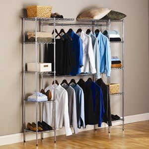 Freestanding Closet with Hanging Rod,Heavy Duty Metal Hanging Storage Organizer Rack,Wire Shelving Garment Rack Clothes Rack,Wardrobe with Shelves (57.9"~85" x 13.8" x 71.7")