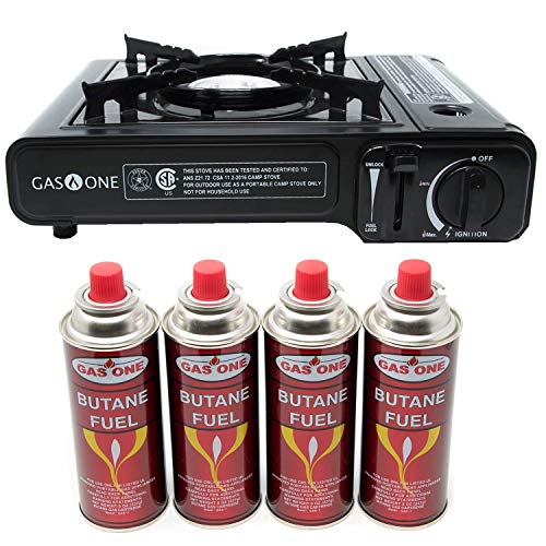 GAS ONE GS-3000 Portable Gas Stove with Carrying Case, 9,000 BTU, CSA Approved, Black (Stove + 4 Fuel)