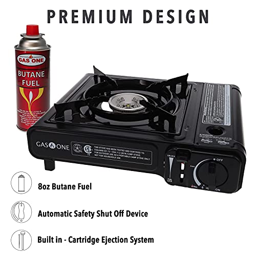 GAS ONE GS-3000 Portable Gas Stove with Carrying Case, 9,000 BTU, CSA Approved, Black (Stove + 4 Fuel)