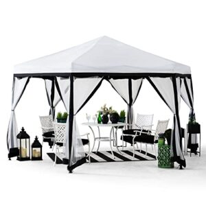 sunjoy 11x11 ft. pop up gazebo, 2-tone portable canopy/tent, outdoor hexagon steel frame soft top gazebo, mesh sidewalls and carry bagcluded, white & black