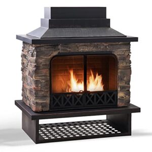 sunjoy outdoor fireplace, heavy duty patio wood burning fireplace with steel chimney, mesh spark screen doors, removable grate and fire poker, black