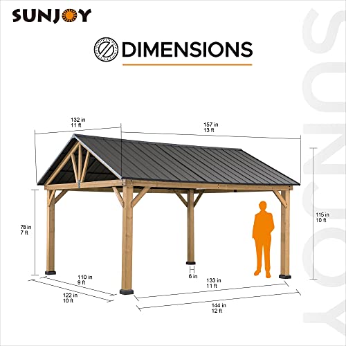 Sunjoy Wood Gazebo 11 x 13 ft. Outdoor Patio Premium Cedar Frame Gazebos with Matte Black Steel Gable Hardtop Roof for Garden, Backyard Shade, Black Roof + Natural Wood Frame