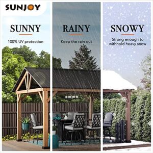 Sunjoy Wood Gazebo 11 x 13 ft. Outdoor Patio Premium Cedar Frame Gazebos with Matte Black Steel Gable Hardtop Roof for Garden, Backyard Shade, Black Roof + Natural Wood Frame