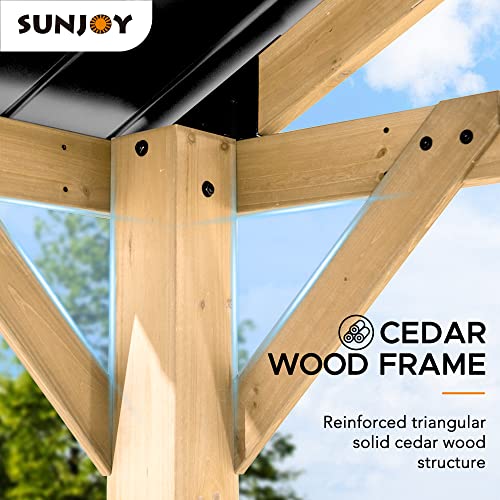 Sunjoy Wood Gazebo 11 x 13 ft. Outdoor Patio Premium Cedar Frame Gazebos with Matte Black Steel Gable Hardtop Roof for Garden, Backyard Shade, Black Roof + Natural Wood Frame