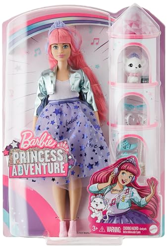 Barbie Princess Adventure Daisy Doll in Princess Fashion (12-inch Curvy) with Pink Hair, Pet Kitten, Tiara, 2 Pairs of Shoes and Accessories, for 3 to 7 Year Olds