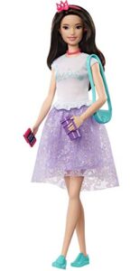 barbie princess adventure renee doll (12-inch brunette) in fashion and accessories, with smart phone, purse, travel mug and tiara, gift for 3 to 7 year olds
