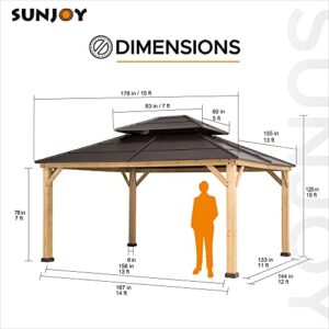 Sunjoy Hardtop Gazebo 13' X 15' Cedar Framed Wood Gazebo with Brown Double Steel Hardtop Roof Permanent Canopy for Garden, Backyard Shade