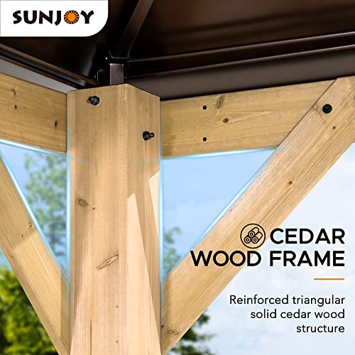 Sunjoy Hardtop Gazebo 13' X 15' Cedar Framed Wood Gazebo with Brown Double Steel Hardtop Roof Permanent Canopy for Garden, Backyard Shade